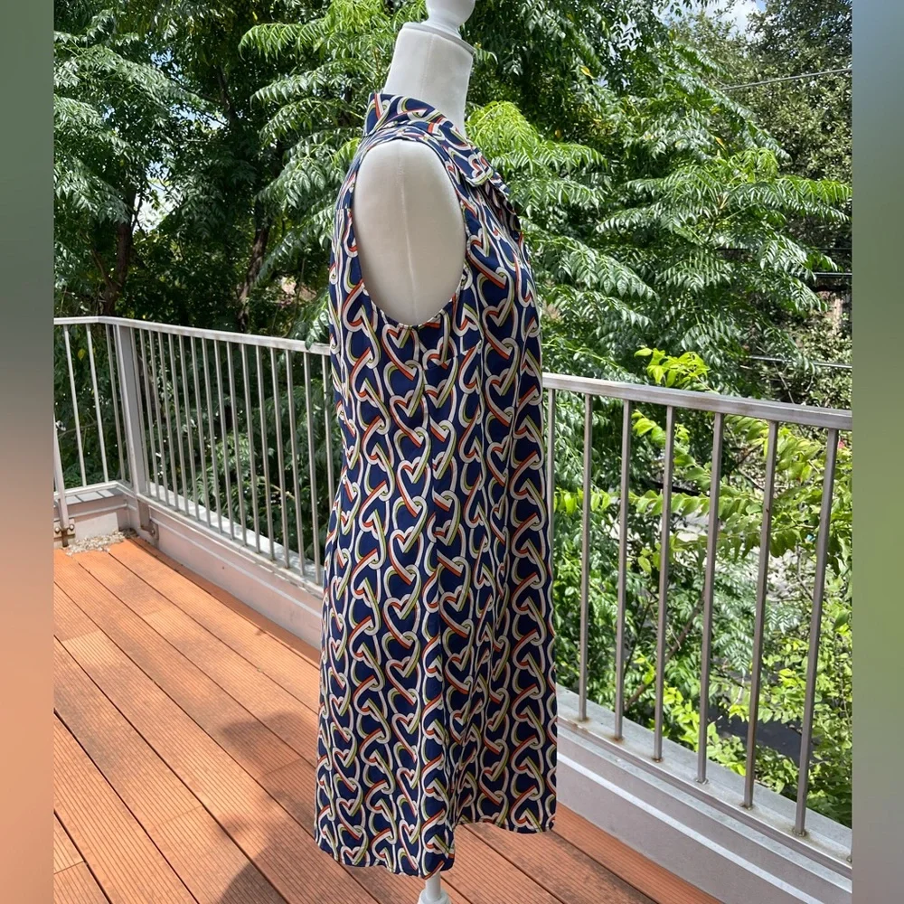 Cabi Amour Dress Size S Heart Chain Print Navy Blue White Collared Casual